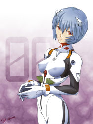 Rule 34 | 1girl, ann yosh, ayanami rei, blue hair, bodysuit, bracer, breasts, covered erect nipples, cowboy shot, expressionless, fingers together, from side, gloves, hair between eyes, hair ornament, head tilt, highres, neon genesis evangelion, pilot suit, plugsuit, red eyes, short hair, signature, solo, turtleneck