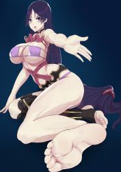 Rule 34 | 1girl, bare shoulders, barefoot, bikini, breasts, cleavage, collarbone, covered erect nipples, curvy, artistic error, eyepatch bikini, fate/grand order, fate (series), feet, full body, highres, large breasts, legs, long hair, looking at viewer, low-tied long hair, minamoto no raikou (fate), mirukuiro, motherly, no shoes, outstretched arm, parted bangs, purple bikini, purple eyes, purple hair, reaching, reaching towards viewer, rope, sitting, soles, swimsuit, toes, underboob, very long hair