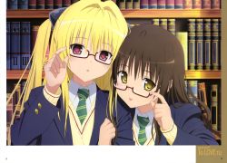 Rule 34 | 2girls, :p, absurdres, bespectacled, blazer, blonde hair, book, bookshelf, brown hair, cardigan, closed mouth, copyright name, glasses, green necktie, hair intakes, head tilt, highres, jacket, konjiki no yami, locked arms, long hair, long sleeves, looking at viewer, multiple girls, necktie, non-web source, official art, open clothes, open jacket, page number, pink eyes, red-framed eyewear, scan, school uniform, semi-rimless eyewear, smile, striped necktie, striped neckwear, to love-ru, tongue, tongue out, triangle mouth, twintails, two side up, under-rim eyewear, upper body, yabuki kentarou, yellow eyes, yuuki mikan