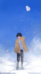 Rule 34 | 1boy, absurdres, aged down, bisou, black hair, blue background, blue eyes, chainsaw man, collared shirt, hat, hayakawa aki, highres, looking at viewer, pants, pants tucked in, shirt, short hair, simple background, snow, snowing, solo, unworn hat, unworn headwear, white shirt