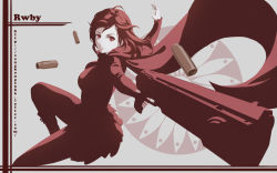 Rule 34 | 1girl, cangkong, cape, copyright name, gun, monochrome, pantyhose, red theme, ruby rose, rwby, shell casing, solo, watermark, weapon, web address