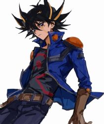 Rule 34 | 1boy, black hair, black shirt, blue eyes, blue jacket, blue pants, brown gloves, elbow gloves, expressionless, facial mark, facial tattoo, fudo yusei, gloves, high collar, highres, jacket, leather belt, male focus, multicolored hair, open clothes, open jacket, pants, shirt, short hair, shoulder pads, simple background, solo, spiked hair, streaked hair, tattoo, upper body, white background, xw3147320553321, yu-gi-oh!, yu-gi-oh! 5d&#039;s