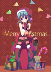 Rule 34 | 1girl, blue hair, boots, box, candy, candy cane, christmas, food, gift, gift box, gloves, hat, highres, kuro (nyago kuromaru), low twintails, merry christmas, on box, original, pantyhose, purple eyes, red gloves, santa boots, santa hat, scarf, short twintails, sitting, sitting on box, solo, striped clothes, striped pantyhose, striped scarf, striped thighhighs, stuffed animal, stuffed toy, teddy bear, thighhighs, twintails