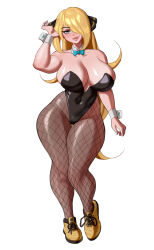 Rule 34 | 1girl, absurdres, adjusting hair, bare shoulders, black leotard, blonde hair, blue hair, boots, breasts, brown pantyhose, collar, collarbone, covered navel, creatures (company), cynthia (pokemon), fishnet pantyhose, fishnets, full body, game freak, hair ornament, hair over one eye, highres, jiuukek, large breasts, leotard, lips, long hair, nintendo, pantyhose, playboy bunny, pokemon, pokemon dppt, shiny skin, simple background, smile, solo, standing, white background, wide hips, wrist cuffs, yellow footwear