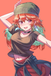 Rule 34 | 1girl, absurdres, alternate costume, aqua hair, arm up, beanie, black choker, black shirt, choker, clothes around waist, commentary, cowboy shot, earrings, feather earrings, feathers, hand on own head, hat, highres, hololive, hololive english, jewelry, kiwwwwwi, light blush, long hair, multicolored hair, navel, open mouth, orange background, orange hair, pink eyes, red skirt, shirt, short sleeves, simple background, skirt, solo, symbol-only commentary, takanashi kiara, two-tone hair, virtual youtuber