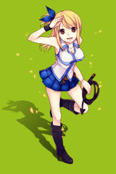 Rule 34 | 1girl, belt, blonde hair, boots, brown eyes, fairy tail, full body, high heels, himaya, key, keyring, knee boots, looking up, lucy heartfilia, open mouth, petals, ribbon, salute, shirt, shoes, side ponytail, simple background, skirt, sleeveless, sleeveless shirt, smile, solo, whip, white shirt, wristband