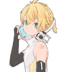 Rule 34 | 1boy, aqua eyes, bare shoulders, black gloves, blonde hair, closed mouth, d futagosaikyou, dot mouth, elbow gloves, fingerless gloves, from side, gloves, hand up, headphones, headphones around neck, high collar, holding, holding phone, kagamine len, kagamine len (append), looking at viewer, looking to the side, male focus, phone, shirt, short ponytail, simple background, sleeveless, sleeveless shirt, solo, upper body, vocaloid, vocaloid append, white background, white shirt