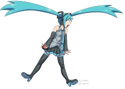 Rule 34 | 1girl, absurdres, arms at sides, blue hair, boots, collared shirt, constricted pupils, dated, detached sleeves, digiral, expressive hair, floating hair, hatsune miku, headphones, highres, jumping, long hair, long sleeves, looking to the side, necktie, open mouth, pleated skirt, shirt, shouting, skirt, sleeveless, sleeveless shirt, solo, surprised, thigh boots, twintails, very long hair, vocaloid, white background