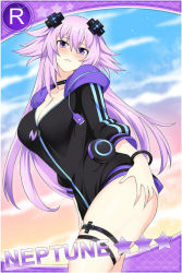 Rule 34 | 1girl, adult neptune, blush, bracelet, breasts, choker, cleavage, hair ornament, hand on thigh, hood, hooded jacket, jacket, jewelry, large breasts, lindaroze, long hair, looking at viewer, neptune (neptunia), neptune (series), partially unzipped, patreon username, plus sign, purple eyes, purple hair, shin jigen game neptune vii, signature, solo, thigh strap, thighs, twitter username
