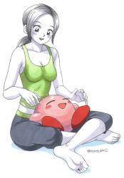 Rule 34 | 1girl, barefoot, blush, colored skin, feet, grey skin, highres, kirby, kirby (series), nintendo, oyatsu (mk2), ponytail, soles, super smash bros., tank top, toes, white background, wii fit trainer, wii fit trainer (female)