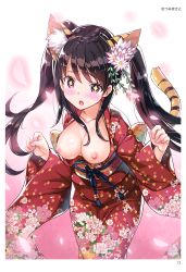 Rule 34 | 1girl, :o, absurdres, animal ears, artist name, black hair, blue ribbon, blush, border, breasts, breasts out, collarbone, cowboy shot, floral print, flower, glowing, gradient background, hair flower, hair ornament, highres, japanese clothes, kimono, leaning forward, long hair, long sleeves, medium breasts, mutsumi masato, nipples, open mouth, page number, petals, pink background, purple eyes, raised eyebrows, red kimono, ribbon, sash, scan, sidelocks, solo, sparkling eyes, standing, tareme, tassel, tiger ears, toranoana, twintails, w arms, white border, wide sleeves