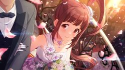 Rule 34 | 1boy, 1girl, blush, bouquet, church, dress, flower, holding, holding another&#039;s arm, holding bouquet, idolmaster, idolmaster million live!, idolmaster million live! theater days, jewelry, matsuda arisa, official art, petals, red eyes, red hair, smile, tuxedo, twintails, wedding dress