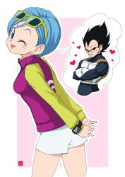 Rule 34 | 1boy, 1girl, alien, angry, armor, arms behind head, ass, black hair, blue eyes, blue hair, blush, breasts, bulma, crossed arms, dragon ball, dragon ball super, earrings, heart, highres, jacket, jewelry, legs, lipstick, looking at viewer, makeup, mecanic, scientist, shorts, smug, standing, sweat, tongue, tongue out, vegeta, warrior, watch, wink