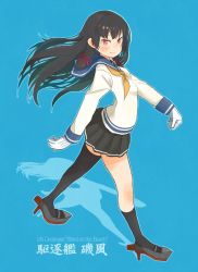 Rule 34 | 10s, 1girl, asymmetrical legwear, black hair, blue background, breasts, commentary request, gloves, hair ribbon, hair tie, isokaze (kancolle), kantai collection, kitsuneno denpachi, long hair, long sleeves, looking at viewer, neckerchief, pleated skirt, red eyes, ribbon, school uniform, serafuku, shadow, shoes, sidelocks, single thighhigh, skirt, small breasts, smile, socks, solo, thighhighs, translation request, tress ribbon, uneven legwear, walking, white gloves, yellow neckerchief