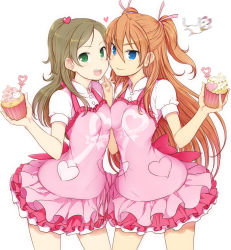 Rule 34 | 10s, 2girls, apron, blue eyes, blush, bow, breast press, brown hair, cat, cupcake, food, green eyes, houjou hibiki, hummy (suite precure), long hair, looking at viewer, minamino kanade, minatsuki randoseru, multiple girls, open mouth, orange hair, own hands clasped, own hands together, pink bow, precure, smile, suite precure, twintails, two side up, yuri