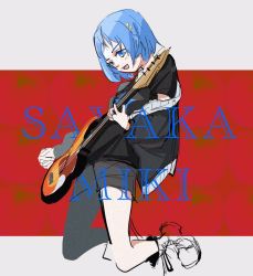 Rule 34 | 1girl, :d, alternate costume, bass guitar, black jacket, black shirt, blue eyes, blue hair, character name, commentary, electric guitar, english text, guitar, hair ornament, hairclip, holding, holding instrument, instrument, jacket, kneeling, looking down, mahou shoujo madoka magica, mahou shoujo madoka magica (anime), medium hair, miki sayaka, nidiezhenxing, open mouth, partially colored, red background, shirt, shoes, short sleeves, shorts, smile, sneakers, solo, t-shirt, two-tone background, white background