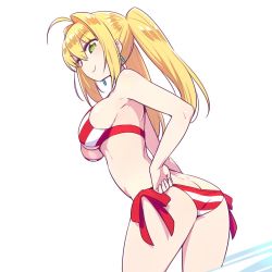 Rule 34 | 1girl, ahoge, ass, bikini, blonde hair, breasts, butt crack, chan co, cleavage, earrings, fate/grand order, fate (series), green eyes, hair intakes, jewelry, nero claudius (fate), nero claudius (fate) (all), nero claudius (swimsuit caster) (fate), side-tie bikini bottom, simple background, smile, solo, striped bikini, striped clothes, swimsuit, twintails, white background