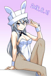 Rule 34 | 10s, 1girl, \n/, animal ears, arm support, black ribbon, blue eyes, breasts, cleavage, closed mouth, collar, commentary request, dated, detached collar, dixie cup hat, eyes visible through hair, fake animal ears, fishnet pantyhose, fishnets, flint (girls und panzer), fox shadow puppet, girls und panzer, gradient background, hat, high collar, high heels, highleg, highleg leotard, leg up, legs, leotard, long hair, looking at viewer, medium breasts, military hat, neck ribbon, oosaka kanagawa, pantyhose, playboy bunny, purple background, rabbit ears, ribbon, side-tie leotard, silver hair, sitting, smile, solo, strapless, strapless leotard, white collar, white footwear, white hat, white leotard, wrist cuffs