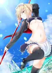 Rule 34 | 1girl, absurdres, apron, arm behind head, artoria pendragon (all), artoria pendragon (alter swimsuit rider) (second ascension) (fate), artoria pendragon (fate), bikini, blonde hair, breasts, commentary request, day, fate/grand order, fate (series), hair bun, hair ribbon, highres, holding, holding weapon, leg up, long sleeves, looking away, maid, maid apron, maid bikini, maid headdress, namikawa kuroha, navel, ribbon, saber (fate), saber alter, shoes, short hair, single hair bun, sky, small breasts, smile, solo, standing, standing on one leg, sun, swimsuit, thighhighs, unconventional maid, underboob, water, weapon, yellow eyes
