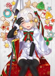 Rule 34 | 1girl, black thighhighs, blonde hair, blush, bra, cookie, fate/grand order, fate (series), food, gift, jeanne d&#039;arc (fate), jeanne d&#039;arc alter (fate), jeanne d&#039;arc alter santa lily (fate), knees together feet apart, navel, nekotawa, one eye closed, ribbon, short hair, sitting, smile, solo, thighhighs, thighs, underwear, yellow eyes
