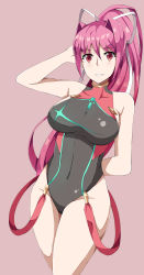 Rule 34 | 1girl, absurdres, competition swimsuit, cosplay, hair ribbon, handle, highres, legs, long hair, looking at viewer, olly (ollycrescent), one-piece swimsuit, ponytail, purple hair, pyra (xenoblade), pyra (xenoblade) (cosplay), red eyes, ribbon, simple background, smile, swimsuit, tagme, thighs, under night in-birth, very long hair, xenoblade chronicles (series), xenoblade chronicles 2, yuzuriha (under night in-birth)