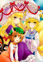 Rule 34 | 3girls, :d, amateras, animal ear fluff, animal ears, animal hat, blonde hair, blush, bow, bowtie, breasts, brown hair, cat ears, cat tail, chen, commentary request, dress, earrings, fox ears, fox tail, frills, hat, highres, holding, holding umbrella, jewelry, long hair, looking at viewer, medium breasts, mob cap, multiple girls, multiple tails, nekomata, open mouth, parasol, purple dress, purple eyes, red dress, sample watermark, short hair, single earring, small breasts, smile, tabard, tail, touhou, traditional media, two tails, umbrella, watermark, white dress, white neckwear, yakumo ran, yakumo yukari, yellow eyes