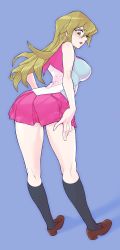 Rule 34 | 1girl, absurdres, artist request, ass, ass focus, atenah, bare legs, blonde hair, blouse, blue background, blush, breasts, brown eyes, cosplay, embarrassed, full body, highres, kneehighs, kneepits, large breasts, long hair, looking back, miniskirt, mizuki kotori (yu-gi-oh!) (cosplay), open mouth, shiny skin, shirt, shoes, simple background, skirt, sleeveless, sleeveless shirt, socks, solo, tenjouin asuka, yu-gi-oh!, yu-gi-oh! gx, yuu-gi-ou, yuu-gi-ou zexal