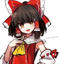 Rule 34 | ascot, bare shoulders, bow, brown eyes, brown hair, collared vest, commentary request, detached sleeves, frilled bow, frills, hair tubes, hakurei reimu, hand on own chest, happy, long sleeves, looking at viewer, nontraditional miko, open mouth, razuzyamu, red bow, red vest, simple background, touhou, unfinished, vest, white background, white sleeves, wide sleeves, yellow ascot