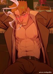 Rule 34 | 1boy, abs, absurdres, bara, belt, black belt, black pants, blonde hair, brown coat, cigarette, coat, collared shirt, dc comics, highres, john constantine, large pectorals, male focus, muscular, muscular male, navel, nipples, nyuudles, open clothes, open coat, open shirt, pants, patreon username, pectorals, shirt, short hair, smoking, solo, textless version, white shirt