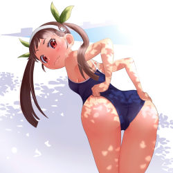 Rule 34 | 1girl, adjusting clothes, adjusting swimsuit, ass, bad id, bad pixiv id, bakemonogatari, bare arms, bare legs, bent over, blue one-piece swimsuit, blush, breasts, brown hair, cameltoe, closed mouth, commentary, commentary request, drawdream1025, from behind, hachikuji mayoi, hairband, hands on own hips, highres, leaning forward, long hair, looking at viewer, monogatari (series), one-piece swimsuit, outdoors, red eyes, small breasts, solo, standing, swimsuit, twintails, upper body