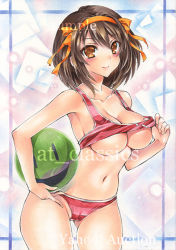 Rule 34 | 1girl, artist name, at classics, ball, bare arms, beachball, bikini, blush, breasts, brown eyes, brown hair, cameltoe, cleavage, cleft of venus, closed mouth, comic, cowboy shot, detached sleeves, gluteal fold, hairband, holding, large breasts, lifted by self, looking at viewer, navel, red bikini, sample watermark, short hair, sleeveless, smile, solo, stomach, suzumiya haruhi, suzumiya haruhi no yuuutsu, swimsuit, traditional media, watermark