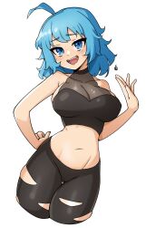 Rule 34 | 1girl, ahoge, black panties, blue eyes, blue hair, blush, breasts, cleavage, collarbone, commission, fang, hand on own hip, highres, large breasts, lips, looking at viewer, medium hair, navel, oninuer, open mouth, original, panties, simple background, smile, solo, teeth, underwear, upper teeth only, white background