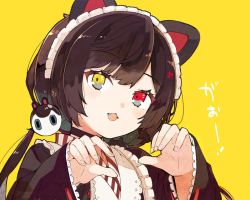 Rule 34 | 1girl, :3, animal ears, apron, black hair, black kimono, blush, claw pose, commentary, dog ears, dog hair ornament, dot nose, fangs, hair ornament, hands up, heterochromia, inui toko, japanese clothes, kimono, lace-trimmed sleeves, lace trim, looking at viewer, low twintails, maid, maid headdress, namo (goodbyetears), nijisanji, open mouth, red eyes, simple background, sleeves past wrists, solo, twintails, upper body, virtual youtuber, wa maid, wide sleeves, yellow background, yellow eyes