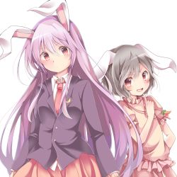 Rule 34 | 2girls, animal ears, blazer, carrot necklace, chikuwa savy, dress, inaba tewi, jacket, jewelry, long hair, long sleeves, multiple girls, necklace, necktie, pink dress, puffy short sleeves, puffy sleeves, rabbit ears, red eyes, red necktie, reisen udongein inaba, shirt, short hair, short sleeves, simple background, skirt, skirt set, touhou, very long hair, white background