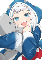 Rule 34 | 1girl, :d, absurdres, animal hood, arms up, blue eyes, blue hair, blue hoodie, blue nails, blue sleeves, hugging doll, gawr gura, gawr gura (1st costume), highres, hololive, hololive english, hood, hoodie, looking at viewer, nail polish, hugging object, open mouth, shark, shark hood, sharp teeth, short hair, smile, solo, stuffed animal, stuffed toy, teeth, thick eyebrows, tsukitoinu, upper body, virtual youtuber, white background, white hair