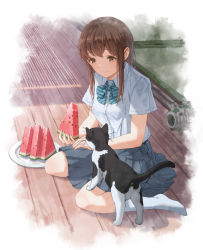 Rule 34 | 1girl, bow, bowtie, brown hair, cat, closed mouth, commentary request, food, fruit, green bow, green bowtie, gurafuru, highres, holding, holding food, kneehighs, long hair, original, plate, pocket, revision, school uniform, shirt, short sleeves, sitting, skirt, smile, socks, solo, striped bow, striped bowtie, striped clothes, wariza, watermelon, watermelon slice, white shirt, white socks