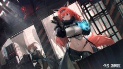 Rule 34 | 2girls, aiming, animal ears, asymmetrical clothes, asymmetrical pants, bare shoulders, black pants, blue eyes, breasts, brown hair, building, character request, coat, commentary request, cowboy shot, crop top, dutch angle, fox ears, groin, gun, hair between eyes, hairband, highres, holding, holding weapon, indoors, large breasts, long hair, lowleg, lowleg pants, magazine (weapon), multiple girls, navel, open clothes, open coat, original, pandea work, pants, ponytail, red eyes, red hair, sitting, sitting on object, wallpaper, weapon