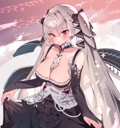 Rule 34 | 1girl, azur lane, blush, breasts, bridal gauntlets, clothes lift, dress, dress lift, formidable (azur lane), grey hair, large breasts, long hair, red eyes, solo, soukou makura, twintails, very long hair