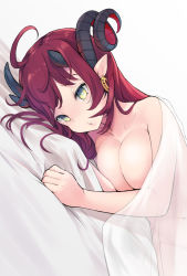 Rule 34 | 1girl, ahoge, amekosame, blush, breasts, cleavage, commentary request, curled horns, demon girl, demon horns, earrings, horns, jewelry, large breasts, long hair, looking at viewer, lying, magrona, magrona channel, medium breasts, nude, on side, pointy ears, pout, red hair, see-through, simple background, single earring, solo, under covers, very long hair, virtual youtuber, white background, yellow eyes