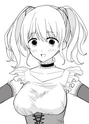 Rule 34 | 1girl, :d, alternate breast size, blush, breasts, collarbone, commentary request, corset, dot nose, elbow gloves, gloves, greyscale, hair between eyes, highres, idoly pride, kawasaki sakura (idoly pride), large breasts, long bangs, looking at viewer, momori mitsuba, monochrome, open mouth, raised eyebrows, shirt, short hair, short twintails, sidelocks, sleeveless, sleeveless shirt, smile, solo, straight-on, twintails, upper body