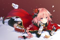 Rule 34 | 1boy, arm support, astolfo (fate), black bow, bow, braid, cheesecake, crown, eating, fate/apocrypha, fate/grand order, fate (series), food, fruit, gauntlets, gomano rio, hair intakes, heart, long braid, lying, male focus, multicolored hair, on stomach, pink hair, single braid, solo, sparkle, strawberry, streaked hair, trap