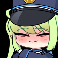 Rule 34 | 1girl, :&gt;, :d, acomu414, animated, animated gif, armband, bad source, black hat, black jacket, blue archive, blue armband, blush stickers, chibi, commentary, crossed arms, english commentary, fang, gloves, green hair, hat, heart, heart-shaped pupils, jacket, licking lips, long hair, long sleeves, lowres, naughty face, nozomi (blue archive), open mouth, peaked cap, pointy ears, shaded face, skin fang, smile, symbol-shaped pupils, tongue, tongue out, train conductor, transparent background, twintails, upper body, white gloves, yellow eyes