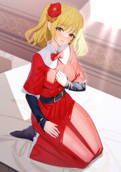 Rule 34 | 1girl, anulis (astlibra), astlibra, belt, belt buckle, black belt, black pantyhose, blonde hair, blush, bow, bowtie, breasts, buckle, commentary request, dress, flower, full body, hair flower, hair ornament, hand up, highres, indoors, layered sleeves, long hair, long sleeves, looking at viewer, medium breasts, pantyhose, parted lips, red bow, red bowtie, red dress, red eyes, red flower, resolution mismatch, ririko (zhuoyandesailaer), seiza, short over long sleeves, short sleeves, sitting, solo, source larger