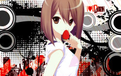 Rule 34 | 1girl, brown eyes, brown hair, cityscape, dmyotic, english text, food, fruit, halftone, hirasawa yui, k-on!, looking at viewer, shirahane nao, smile, solo, strawberry, upper body