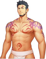 Rule 34 | 1boy, abs, arm tattoo, bara, beard, black hair, bulge, chest tattoo, facial hair, facial tattoo, game cg, green eyes, gyee, itto (mentaiko), large pectorals, loincloth, male focus, male underwear, manly, mature male, muscular, muscular male, navel, nipples, official art, pectorals, priapus, priapus a. tarou, red pupils, short hair, solo, spiked hair, stomach, stomach tattoo, stubble, tattoo, thighs, transparent background, underwear, underwear only, white male underwear
