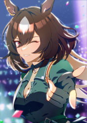 Rule 34 | 1girl, absurdres, animal ears, ass, bad id, bad pixiv id, blurry, breasts, brown hair, choker, circulatormai, cleavage, concert, confetti, finger gun, fingerless gloves, gloves, glowstick, green jacket, highres, horse ears, jacket, long hair, looking at viewer, medium breasts, multicolored hair, one eye closed, open mouth, partially unbuttoned, reaching, reaching towards viewer, red eyes, sirius symboli (umamusume), solo, stage lights, teeth, two-tone hair, umamusume, upper body