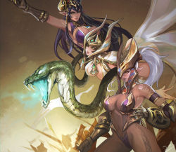 Rule 34 | &gt;:), 3girls, armpits, bare shoulders, black hair, breasts, cape, cleavage, closed mouth, cowboy shot, dark elf, dark skin, dark-skinned female, detached collar, egyptian clothes, elf, facial mark, gauntlets, hair tubes, headgear, helmet, highres, large breasts, long hair, looking at viewer, multiple girls, navel, original, parted lips, pointy ears, ponytail, revealing clothes, silver hair, smile, smjim1986, snake, stomach, tattoo, v-shaped eyebrows, yellow eyes
