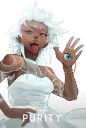 Rule 34 | 1girl, :p, arm tattoo, blue eyes, breasts, character name, commentary, dark skin, dark-skinned female, dress, fang, jewelry, medium breasts, messy hair, ohnarev, original, purity (ohnarev), ring, saliva, see-through, solo, tattoo, third eye, tongue, tongue out, white dress, white hair