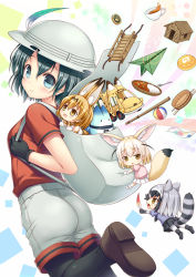 Rule 34 | 10s, 2-g, 4girls, :d, animal ears, ass, backpack, bag, ball, beachball, black hair, blonde hair, blue eyes, blush, bridge, brown eyes, brown footwear, bucket, chibi, closed mouth, common raccoon (kemono friends), cup, curry, feathers, fennec (kemono friends), food, fox ears, fox tail, from side, grey hat, hat, hat feather, highres, holding, holding feather, japari bun, japari bus, japari symbol, jitome, kaban (kemono friends), kemono friends, leg up, looking at another, looking at viewer, looking back, lucky beast (kemono friends), mini person, minigirl, multicolored hair, multiple girls, open mouth, paper airplane, parted lips, paw print, pleated skirt, raccoon ears, raccoon tail, red shirt, serval (kemono friends), serval print, shirt, shoes, short hair, short sleeves, shorts, sidelocks, silver hair, skirt, smile, solo focus, streaked hair, striped tail, tail, teacup, tears, tongue, two-tone hair, white skirt, wooden bucket, yellow eyes
