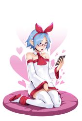 Rule 34 | 1girl, absurdres, ascot, bare shoulders, blue hair, breasts, commentary, d-rex, detached sleeves, disgaea, dress, female masturbation, glasses, heart, heart print, highres, holding, holding phone, long sleeves, masturbation, multicolored clothes, multicolored dress, multicolored sleeves, open mouth, phone, pleinair, pointy ears, red dress, red eyes, red sleeves, semi-rimless eyewear, shoes, short hair, small breasts, solo, thighhighs, transparent background, white background, white dress, white footwear, white sleeves, white thighhighs, zettai ryouiki
